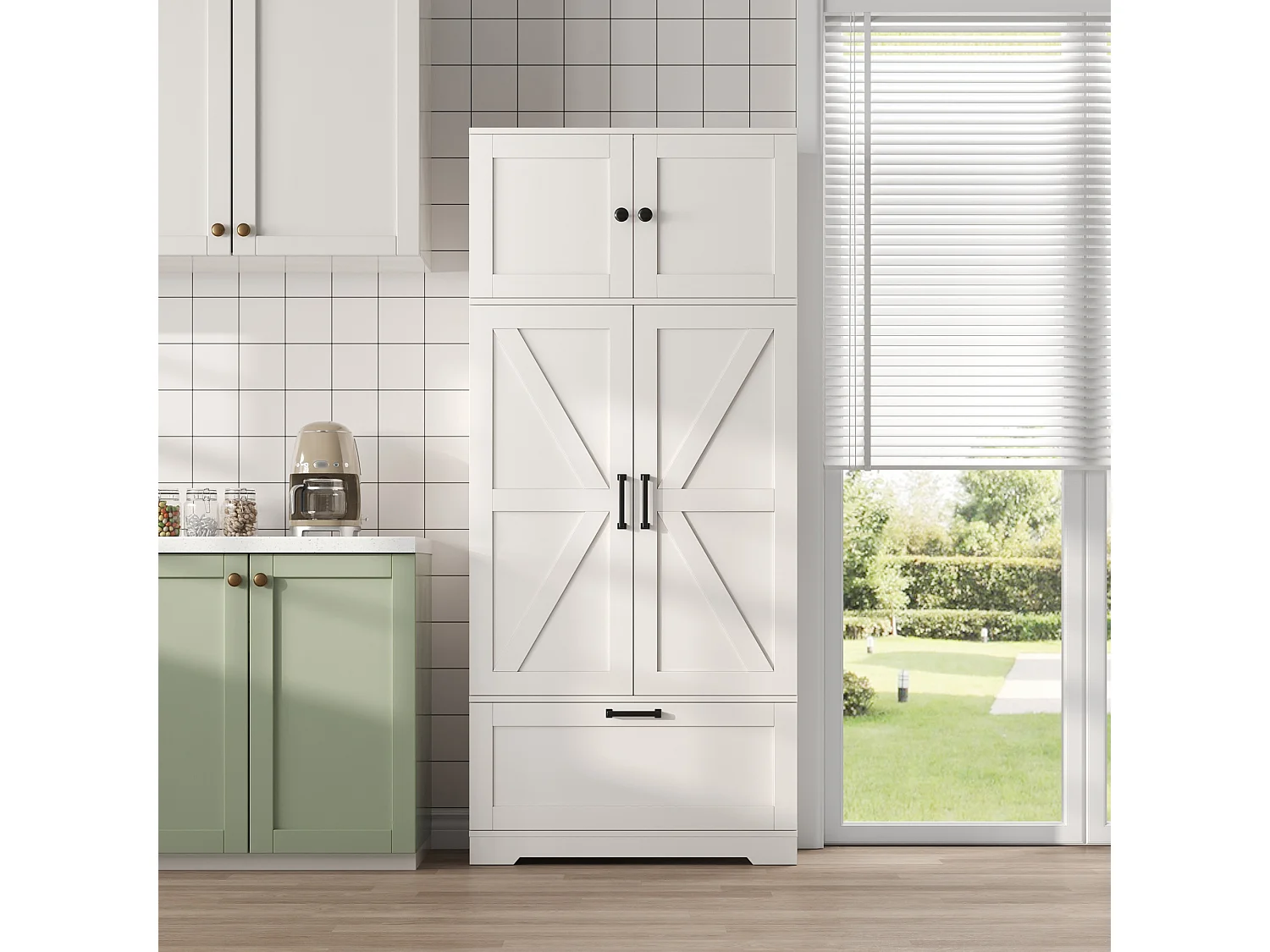 Kitchen cabinet with 2 drawers, 3 doors and adjustable shelves - Country style - MDF - 80 x 35 x 180 cm - White