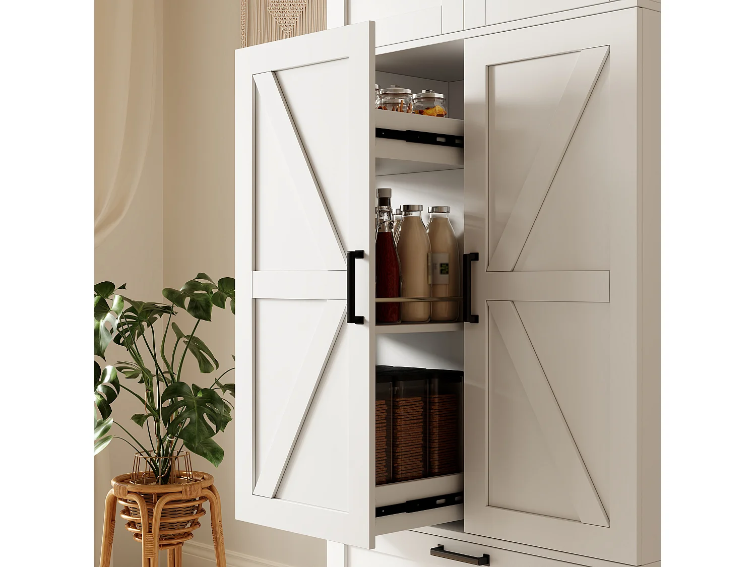 Kitchen cabinet with 2 drawers, 3 doors and adjustable shelves - Country style - MDF - 80 x 35 x 180 cm - White