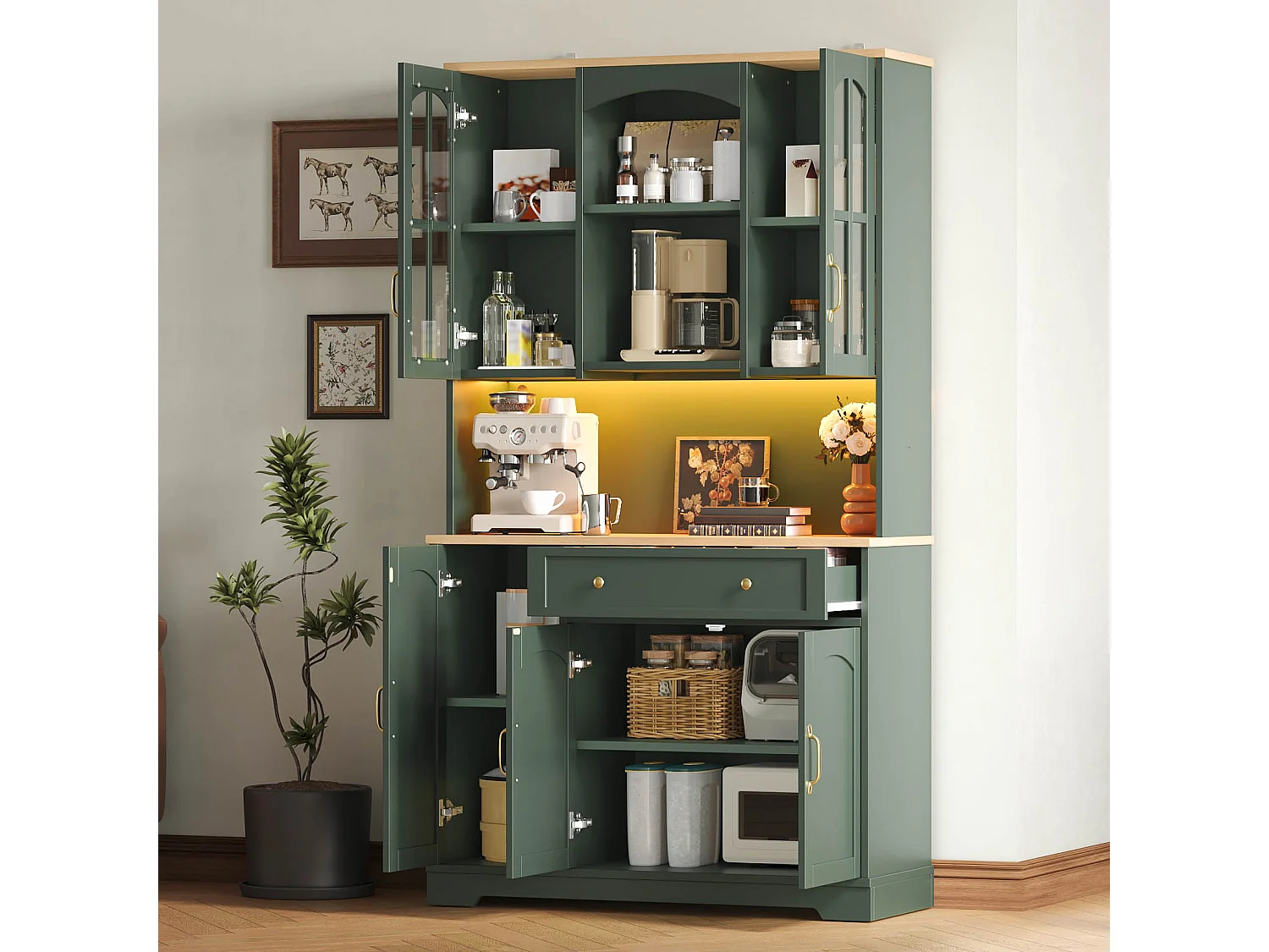 Keukendressoir met 1 lade, 5 deuren en ledverlichting - MDF en spaanplaat - 100 x 38 x 178 cm - Groen