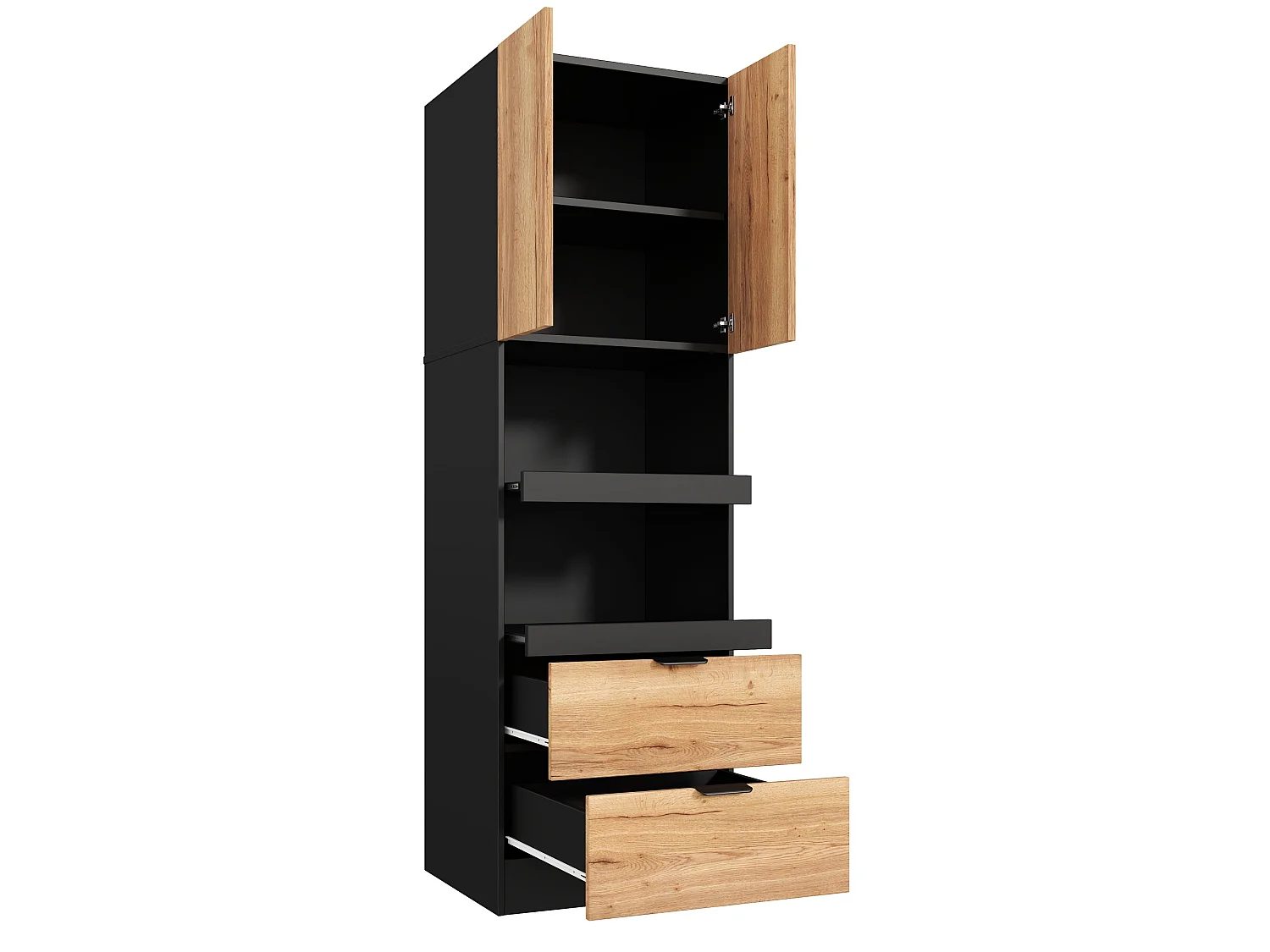 Tall kitchen sideboard with 2 drawers, 2 doors, 2 sliding shelves and cupboard - MDF - 60 x 45 x 200 cm - Black