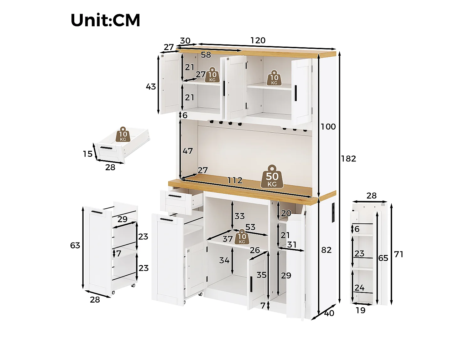 Küchen-Sideboard mit 2 Schubladen, 6 Türen, RGB-LED-Beleuchtung, Steckdosen und USB-Anschlüssen – MDF und Spanplatte – 120 x 40 x 182 cm – Weiß