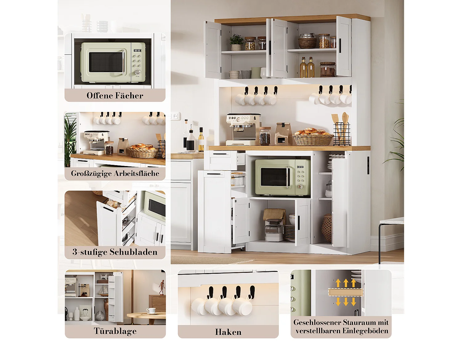 Küchen-Sideboard mit 2 Schubladen, 6 Türen, RGB-LED-Beleuchtung, Steckdosen und USB-Anschlüssen – MDF und Spanplatte – 120 x 40 x 182 cm – Weiß