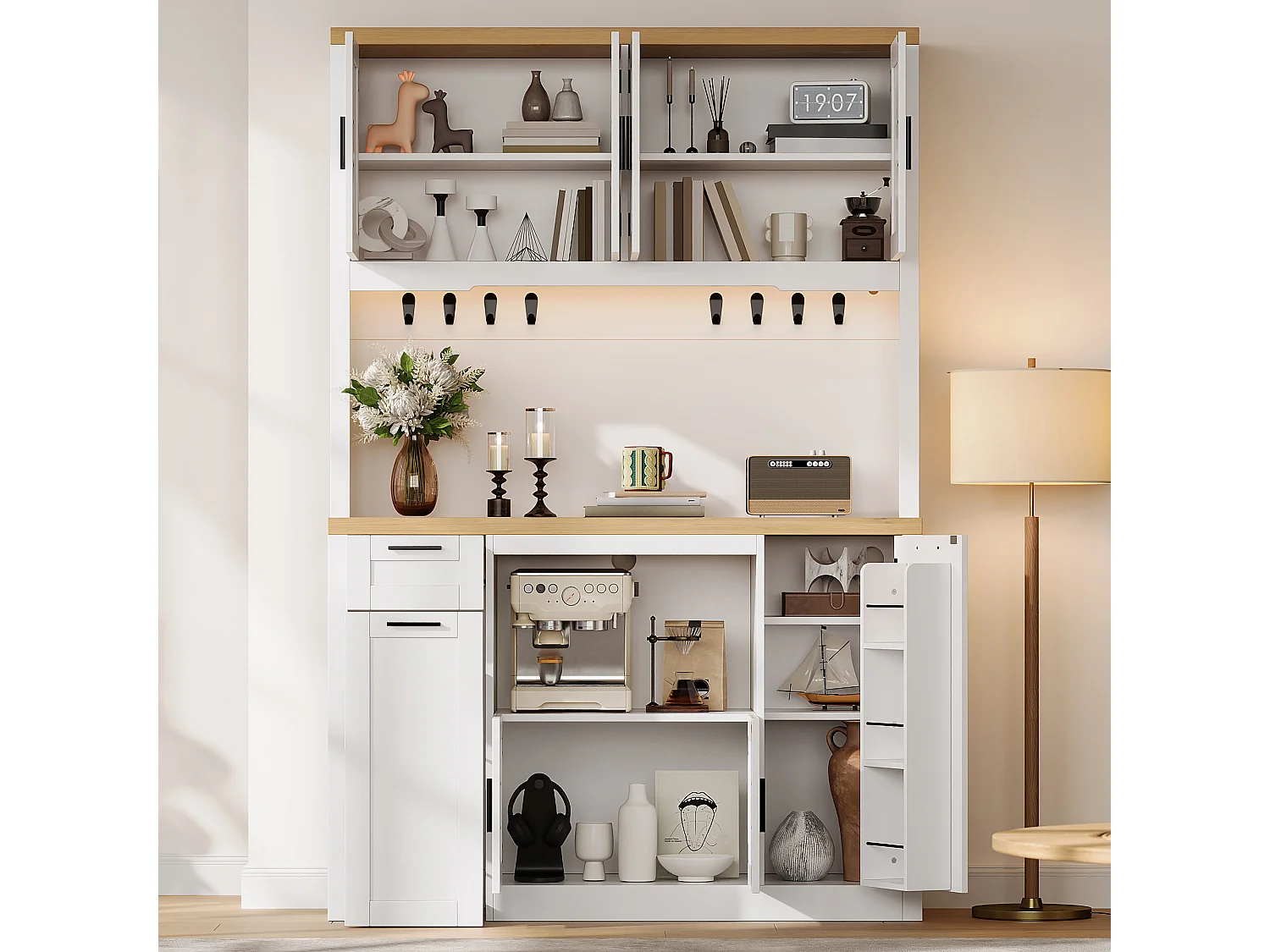 Küchen-Sideboard mit 2 Schubladen, 6 Türen, RGB-LED-Beleuchtung, Steckdosen und USB-Anschlüssen – MDF und Spanplatte – 120 x 40 x 182 cm – Weiß