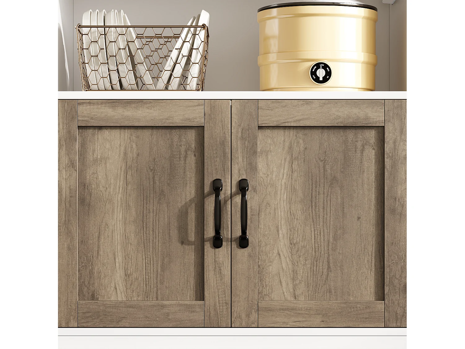 Küchen-Sideboard mit 1 Schublade, 6 Türen, RGB-LED-Beleuchtung, Steckdosen und USB-Anschlüssen – MDF – 110 x 40 x 180 cm – Vintage-Holzoptik