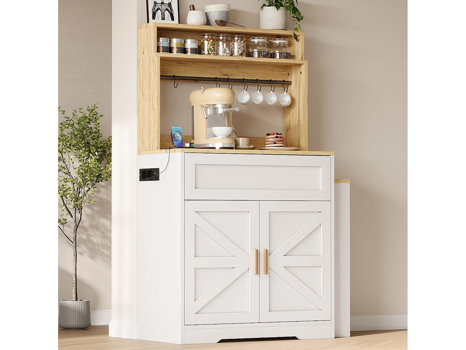 Tall kitchen sideboard with pull-out worktop, 2 doors and shelves - MDF and particleboard - 146 x 40 x 142 cm - White