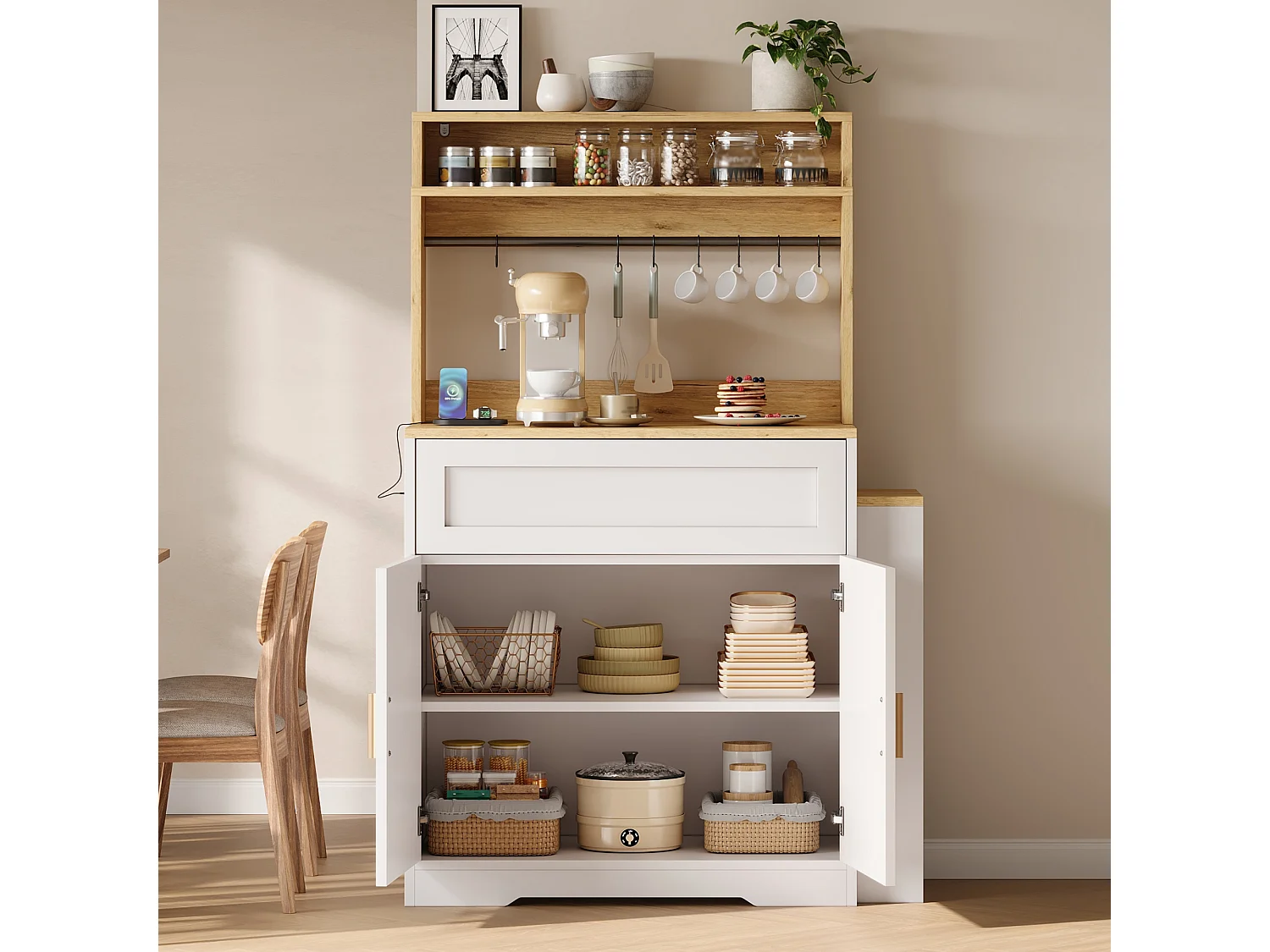 Tall kitchen sideboard with pull-out worktop, 2 doors and shelves - MDF and particleboard - 146 x 40 x 142 cm - White