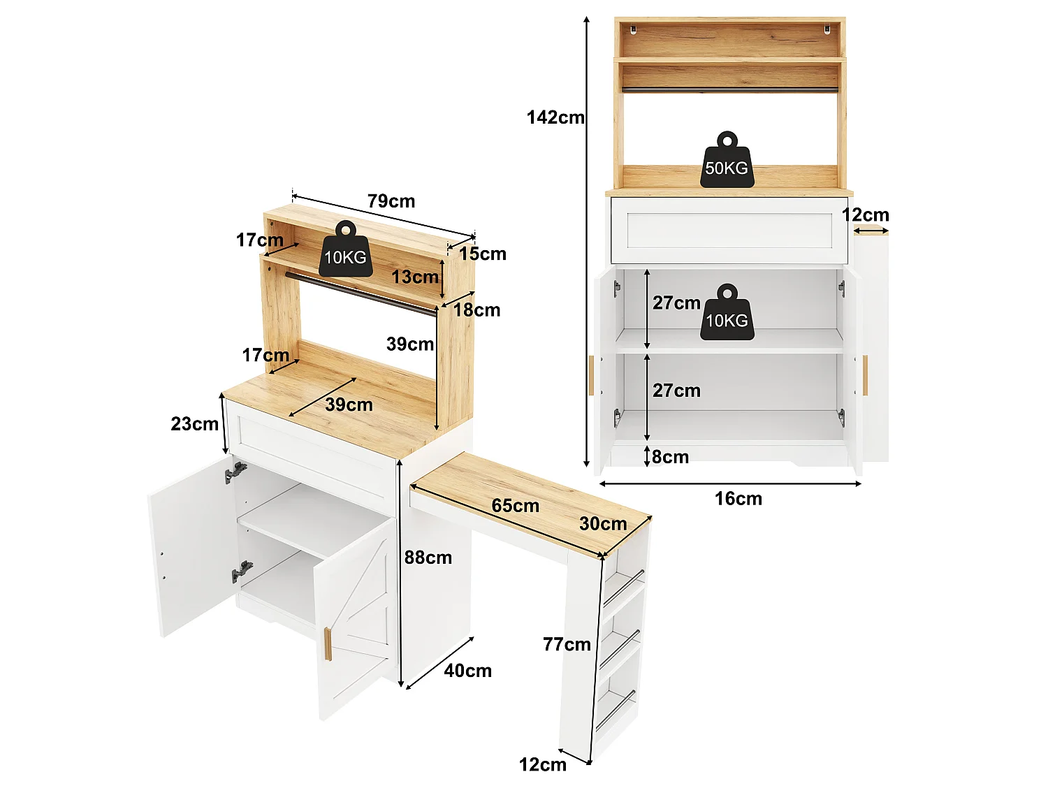 Tall kitchen sideboard with pull-out worktop, 2 doors and shelves - MDF and particleboard - 146 x 40 x 142 cm - White