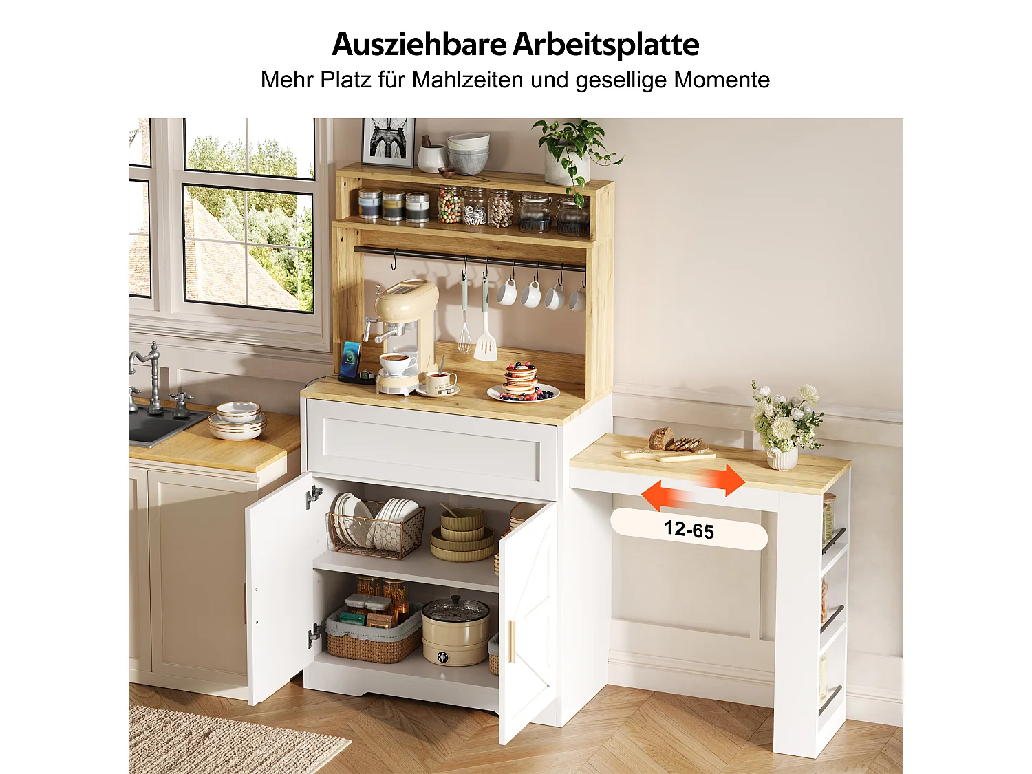 Tall kitchen sideboard with pull-out worktop, 2 doors and shelves - MDF and particleboard - 146 x 40 x 142 cm - White