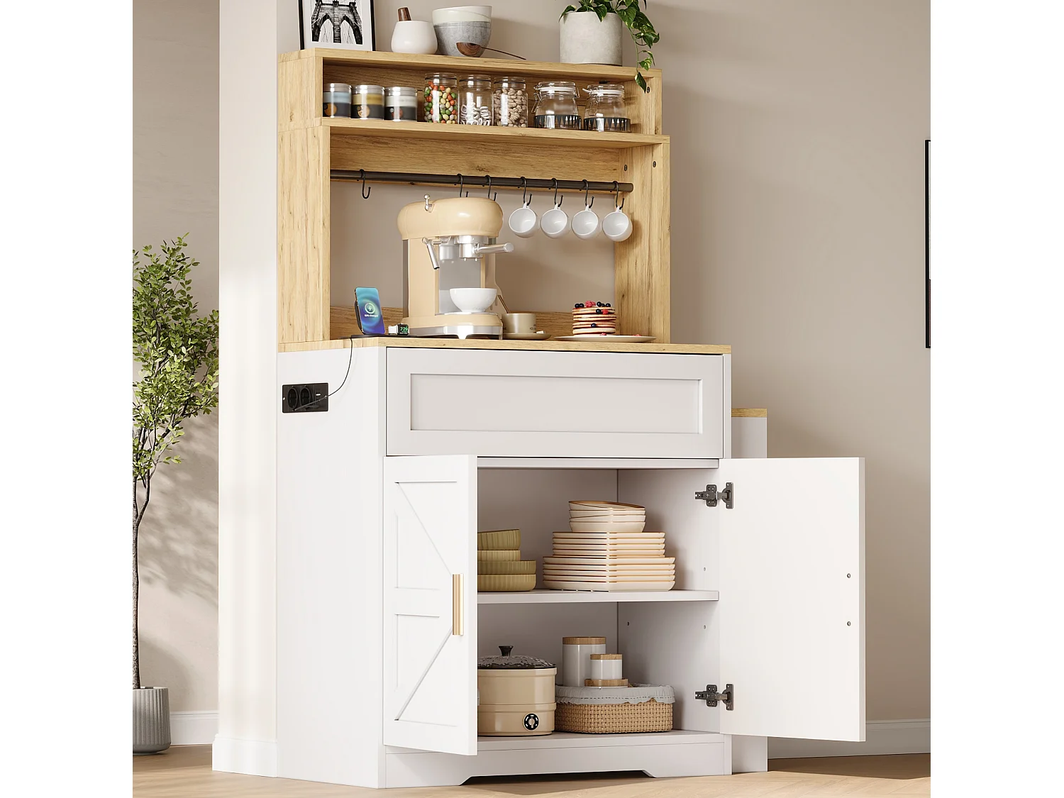 Tall kitchen sideboard with pull-out worktop, 2 doors and shelves - MDF and particleboard - 146 x 40 x 142 cm - White