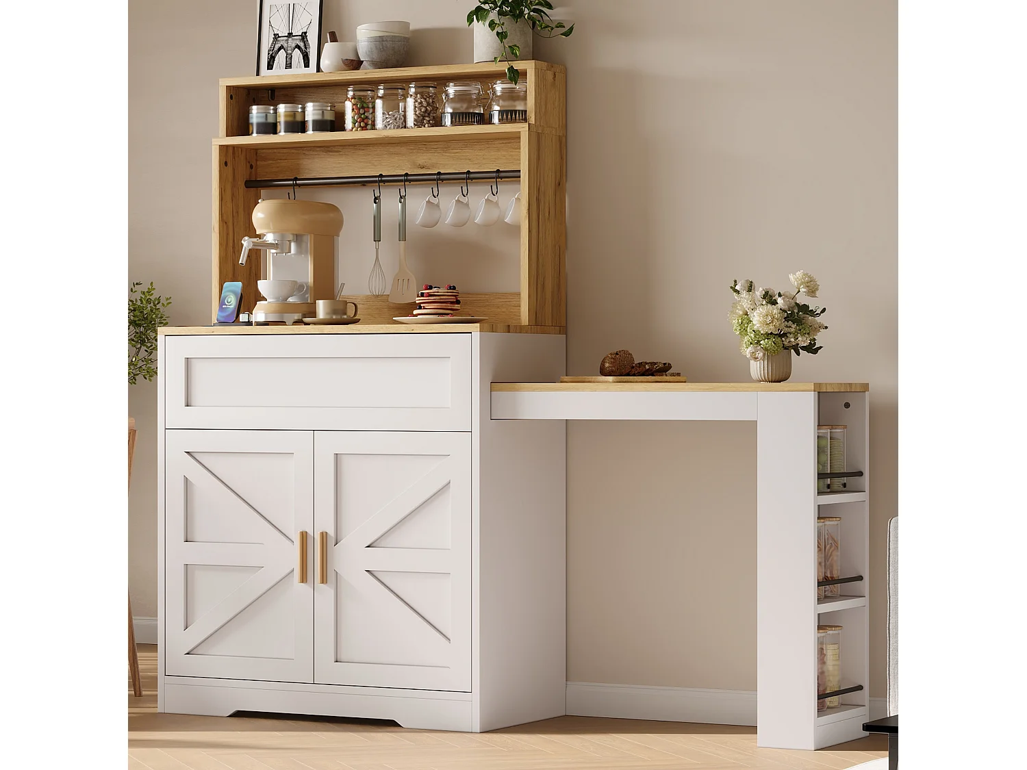 Tall kitchen sideboard with pull-out worktop, 2 doors and shelves - MDF and particleboard - 146 x 40 x 142 cm - White