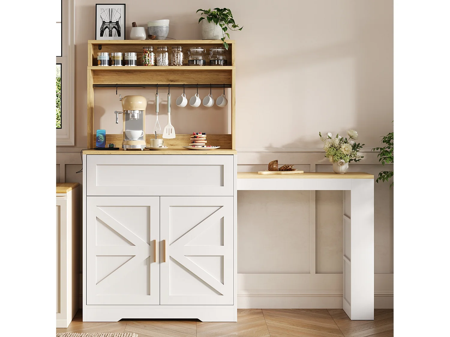 Tall kitchen sideboard with pull-out worktop, 2 doors and shelves - MDF and particleboard - 146 x 40 x 142 cm - White