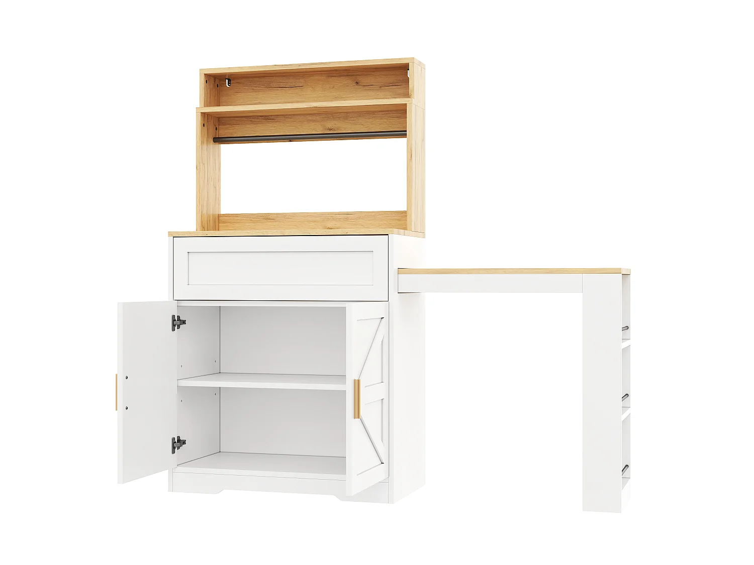 Tall kitchen sideboard with pull-out worktop, 2 doors and shelves - MDF and particleboard - 146 x 40 x 142 cm - White