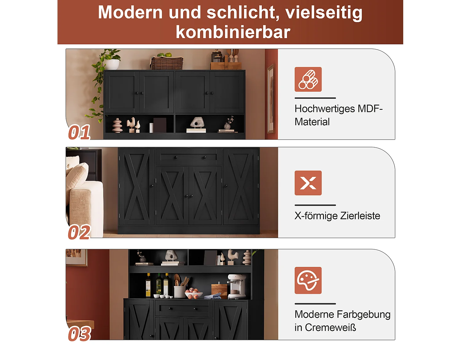 Køkkenskænk med 1 skuffe, justerbare hylder og 8 låger - MDF - 140 x 40 x 185 cm - Mat sort