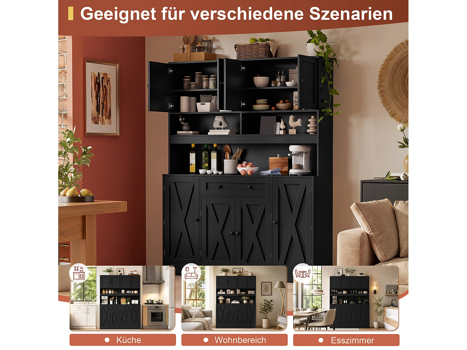 Køkkenskænk med 1 skuffe, justerbare hylder og 8 låger - MDF - 140 x 40 x 185 cm - Mat sort