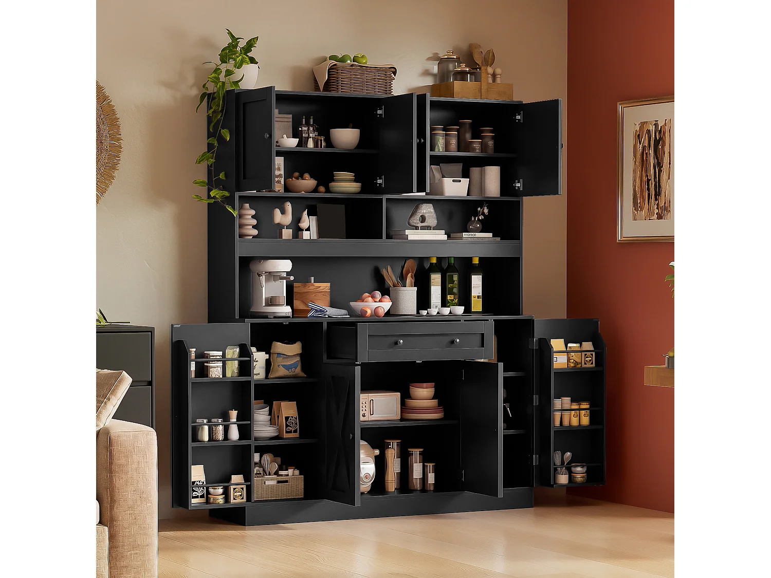 Køkkenskænk med 1 skuffe, justerbare hylder og 8 låger - MDF - 140 x 40 x 185 cm - Mat sort
