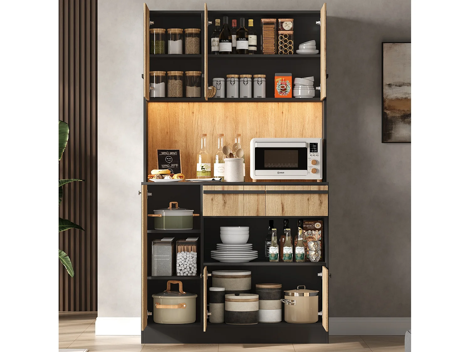 Aparador de cozinha com 6 portas, 2 gavetas e iluminação LED RGB - MDF e aglomerado - 100 x 40 x 180 cm - Preto e efeito madeira