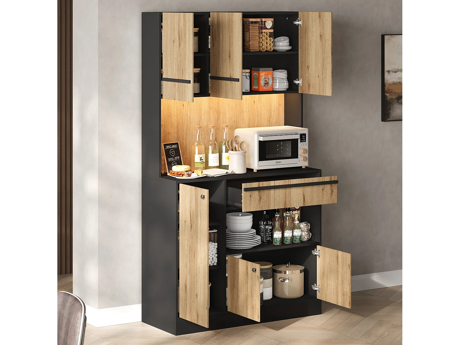 Aparador de cozinha com 6 portas, 2 gavetas e iluminação LED RGB - MDF e aglomerado - 100 x 40 x 180 cm - Preto e efeito madeira