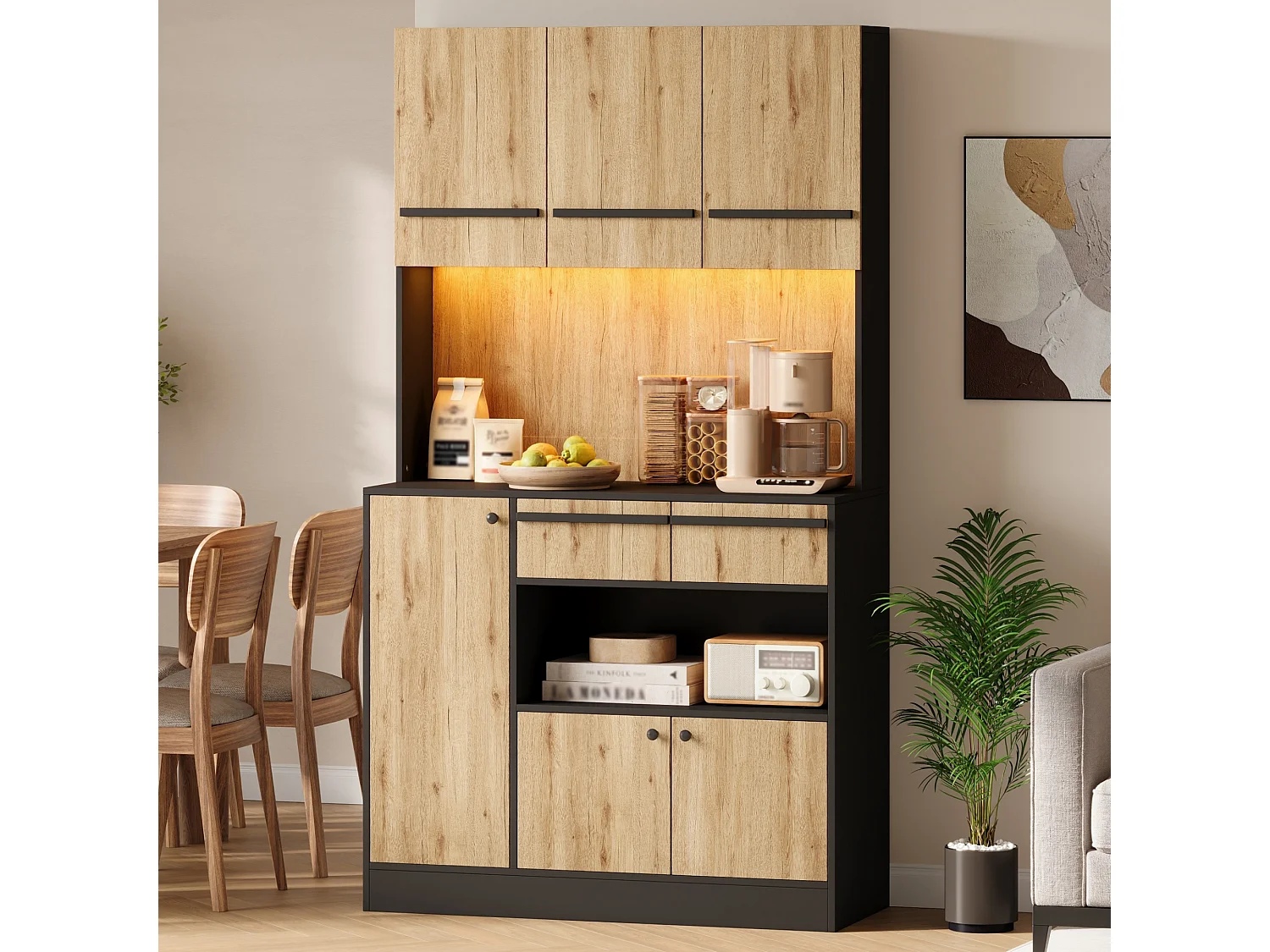 Aparador de cozinha com 6 portas, 2 gavetas e iluminação LED RGB - MDF e aglomerado - 100 x 40 x 180 cm - Preto e efeito madeira