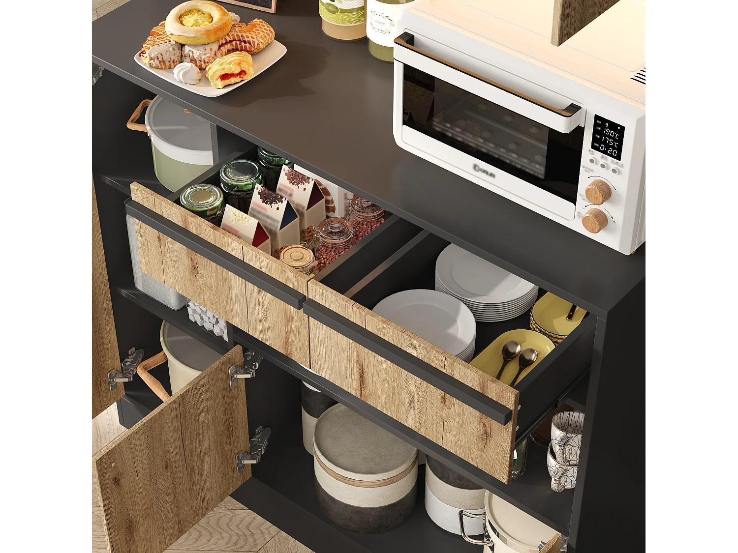 Aparador de cozinha com 6 portas, 2 gavetas e iluminação LED RGB - MDF e aglomerado - 100 x 40 x 180 cm - Preto e efeito madeira