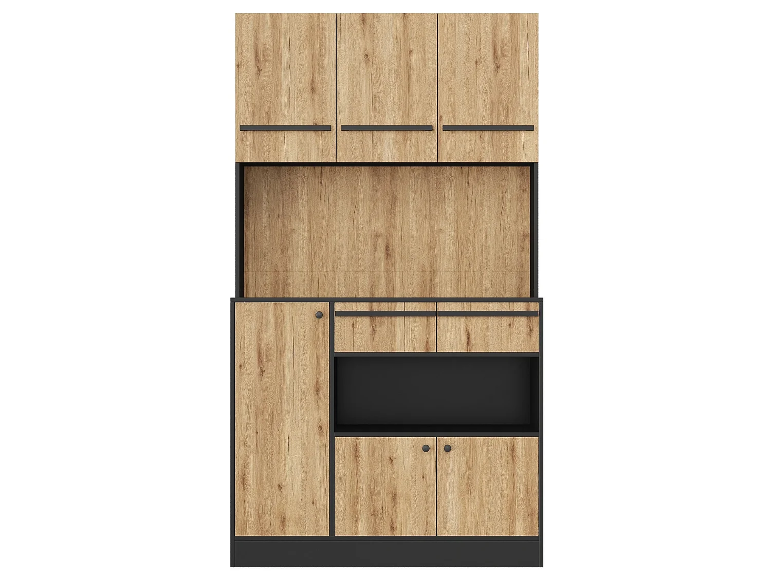 Aparador de cozinha com 6 portas, 2 gavetas e iluminação LED RGB - MDF e aglomerado - 100 x 40 x 180 cm - Preto e efeito madeira