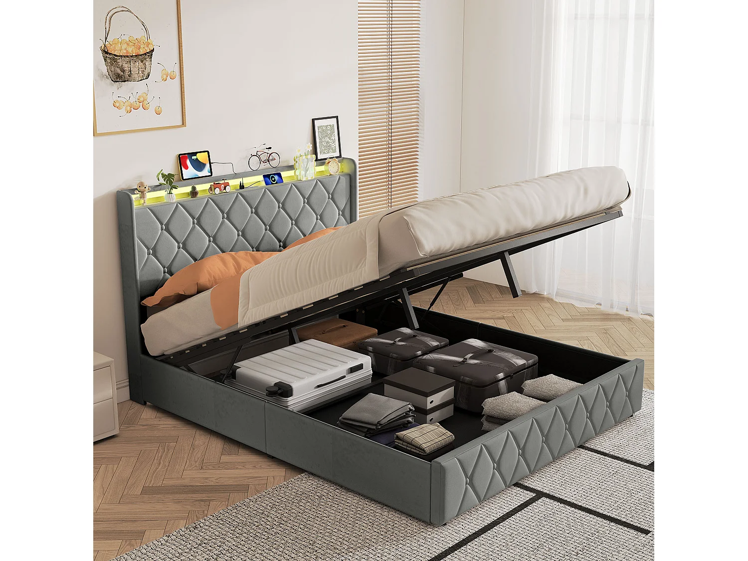 Lit double 160x200 cm en velours avec coffre hydraulique, tête de lit avec USB et Type-C, rangement sous le lit, gris, sans matelas