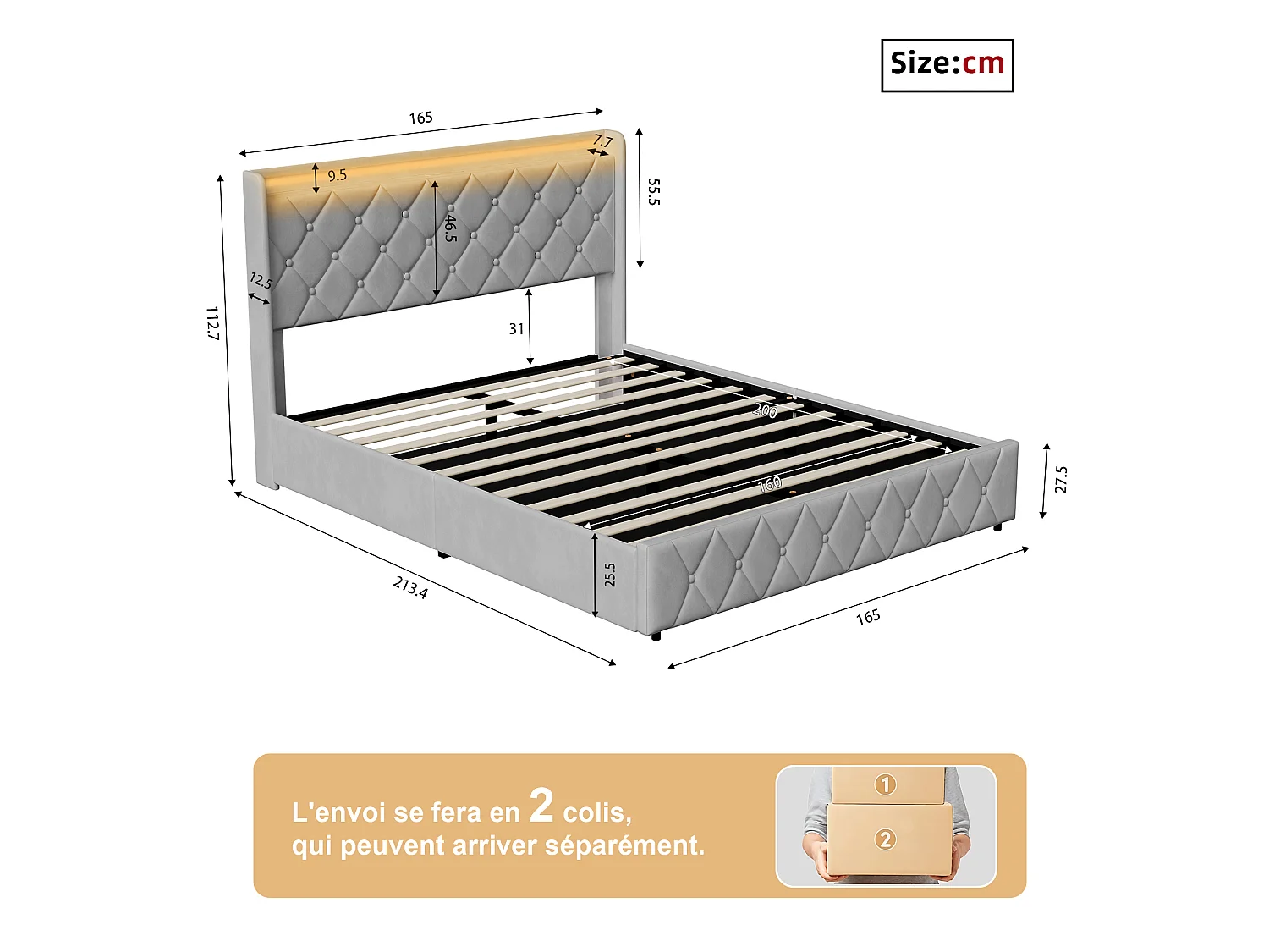Lit double 160x200 cm en velours avec coffre hydraulique, tête de lit avec USB et Type-C, rangement sous le lit, gris, sans matelas