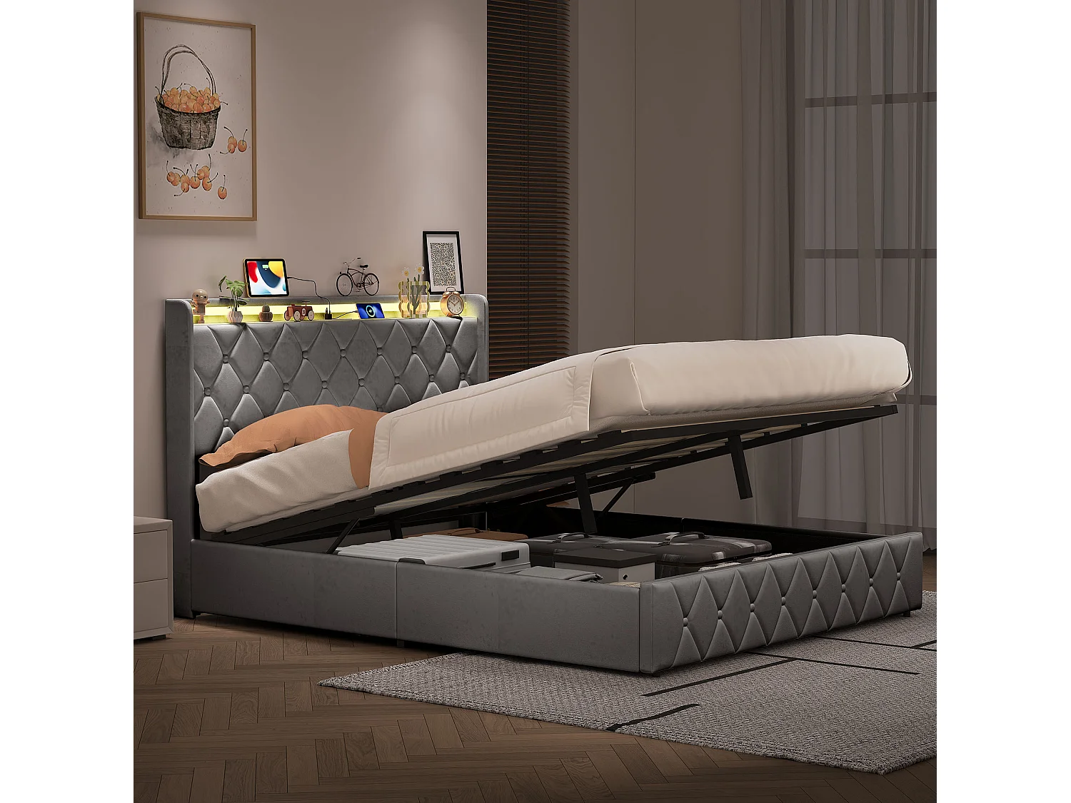 Lit double 160x200 cm en velours avec coffre hydraulique, tête de lit avec USB et Type-C, rangement sous le lit, gris, sans matelas