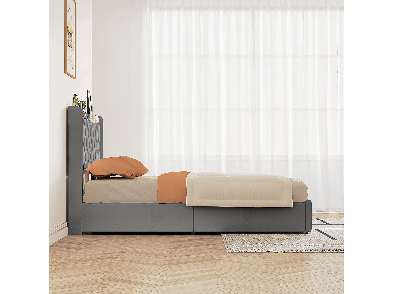 Lit double 160x200 cm en velours avec coffre hydraulique, tête de lit avec USB et Type-C, rangement sous le lit, gris, sans matelas