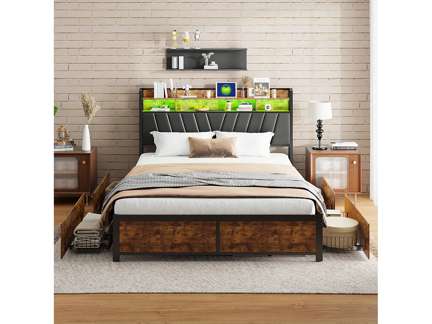 Lit double rembourré 180x200 cm avec LED et USB, tête de lit avec rangement, 4 tiroirs, métal et PU noir/marron rétro, sans matelas
