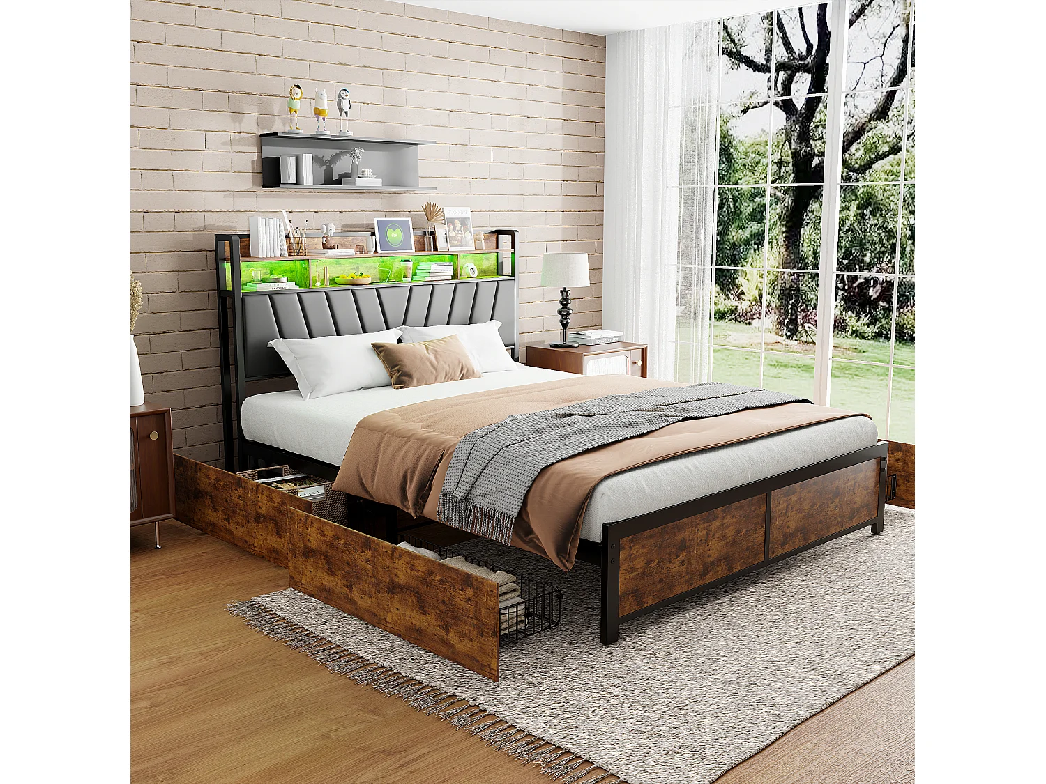 Lit double rembourré 180x200 cm avec LED et USB, tête de lit avec rangement, 4 tiroirs, métal et PU noir/marron rétro, sans matelas