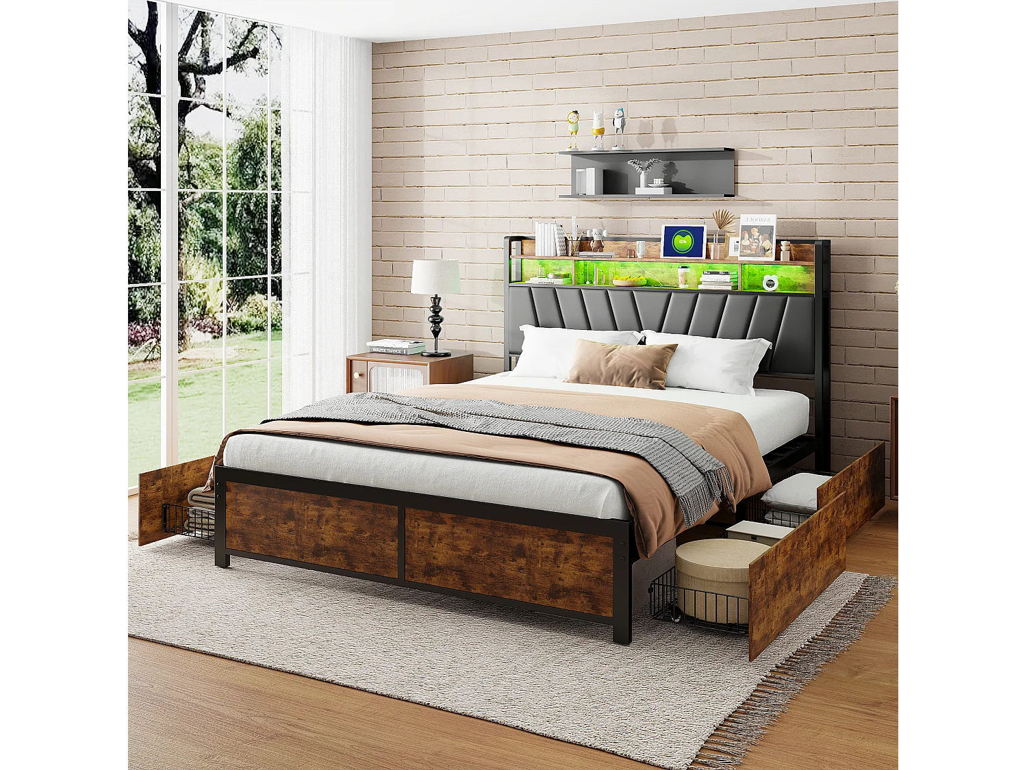 Lit double rembourré 180x200 cm avec LED et USB, tête de lit avec rangement, 4 tiroirs, métal et PU noir/marron rétro, sans matelas