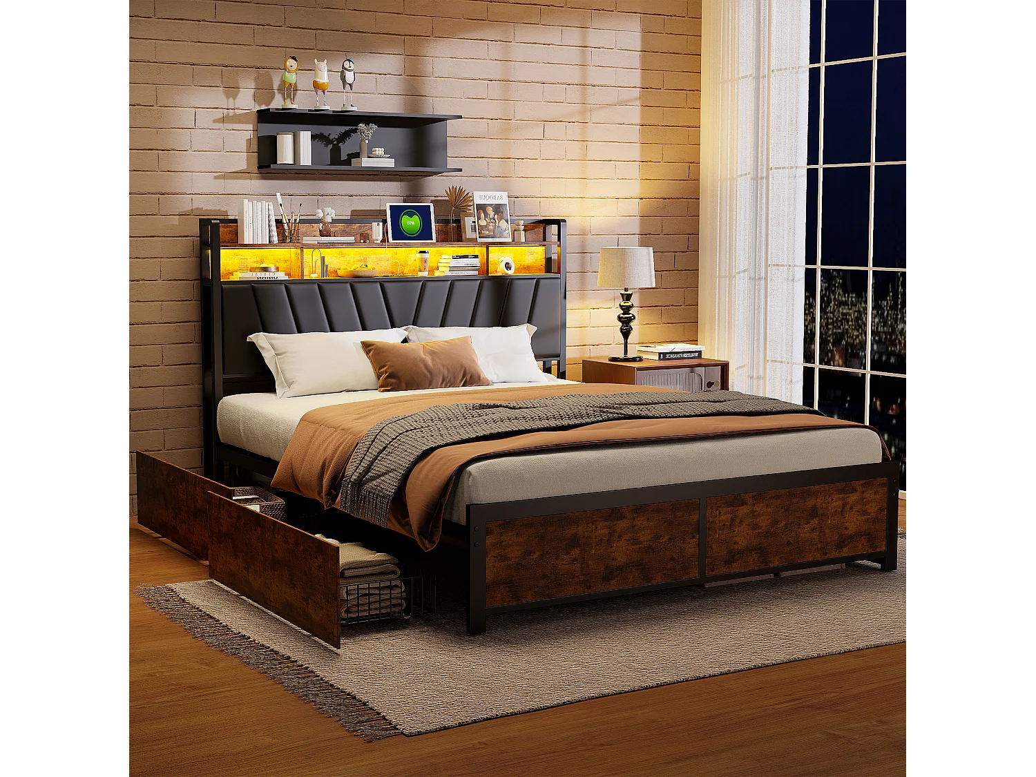 Lit double rembourré 180x200 cm avec LED et USB, tête de lit avec rangement, 4 tiroirs, métal et PU noir/marron rétro, sans matelas