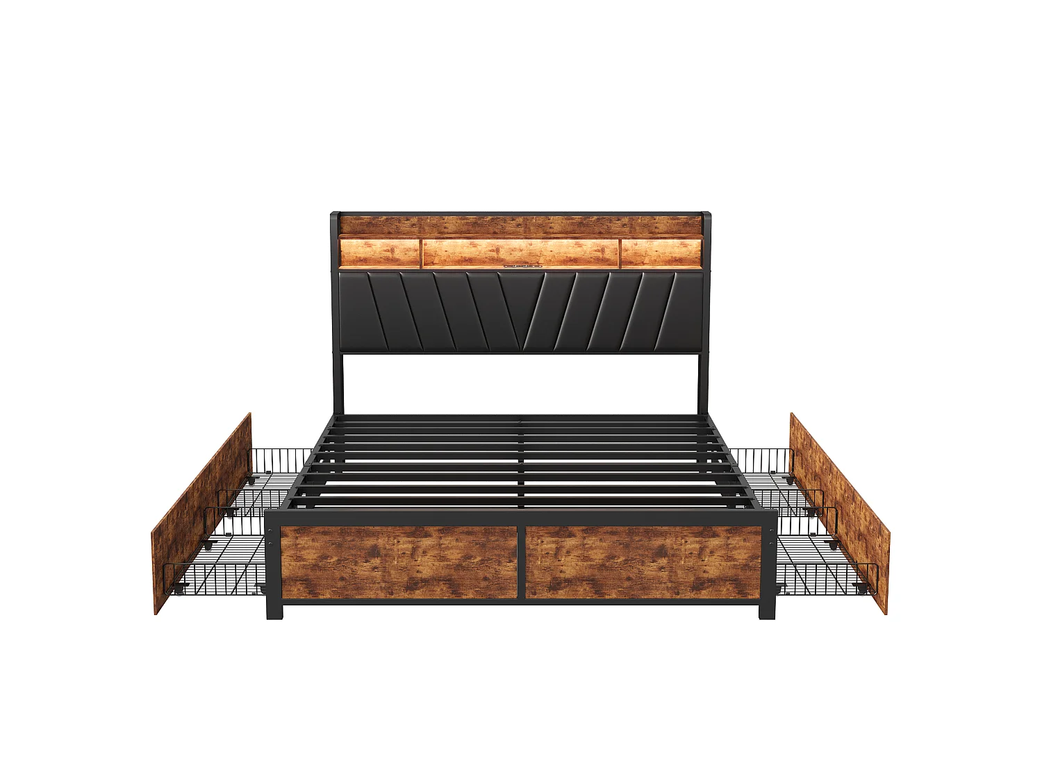 Lit double rembourré 180x200 cm avec LED et USB, tête de lit avec rangement, 4 tiroirs, métal et PU noir/marron rétro, sans matelas