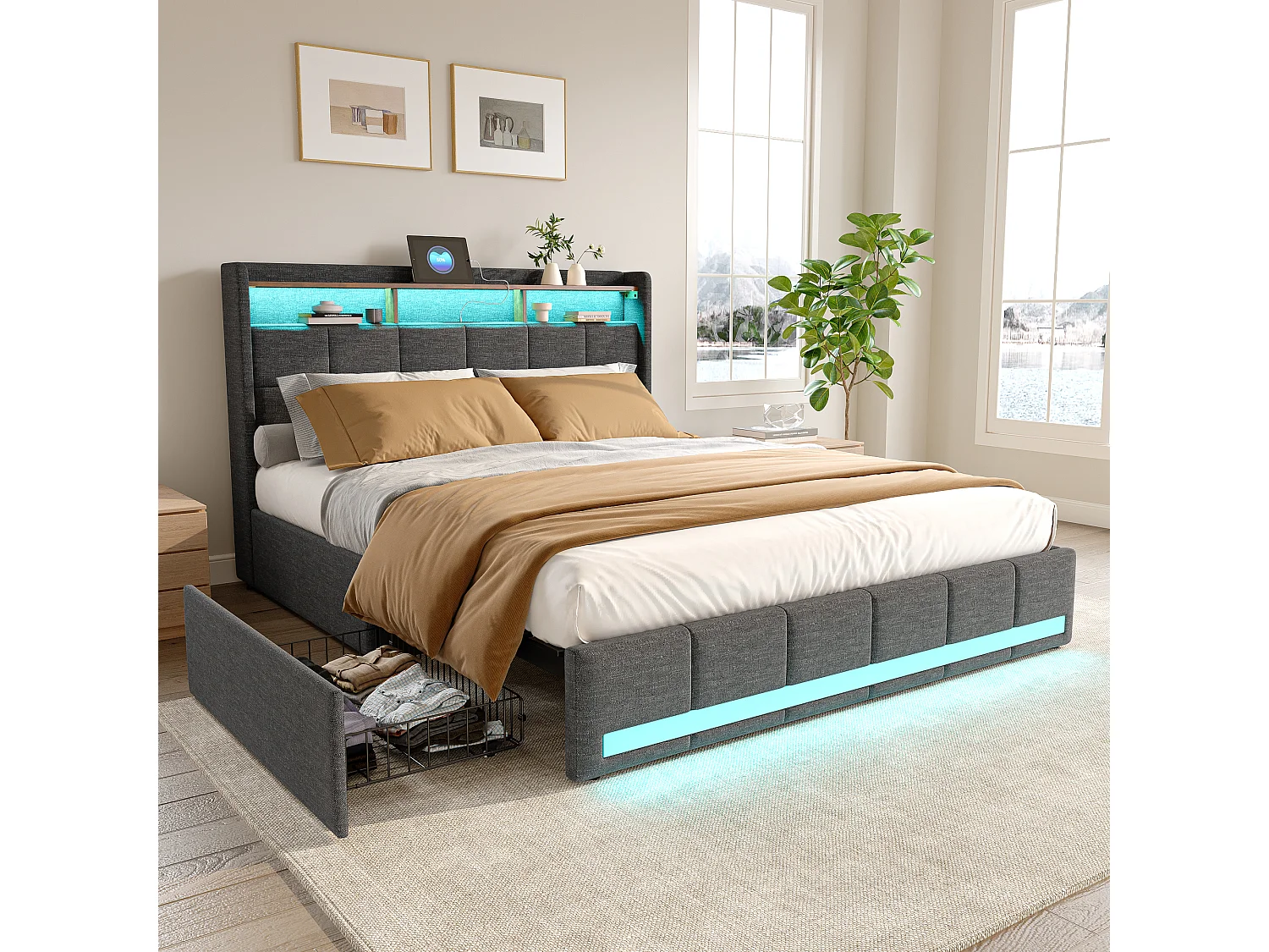 Lit double rembourré 140x190 cm avec LED et 4 tiroirs, sommier à lattes, lit avec rangement en tissu lin gris, sans matelas