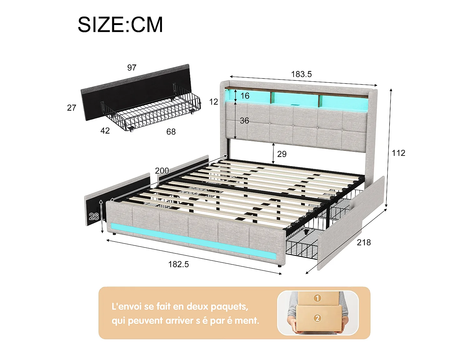 Lit double rembourré 180x200 cm avec LED et 4 tiroirs, sommier à lattes, lit avec rangement en tissu lin beige, sans matelas
