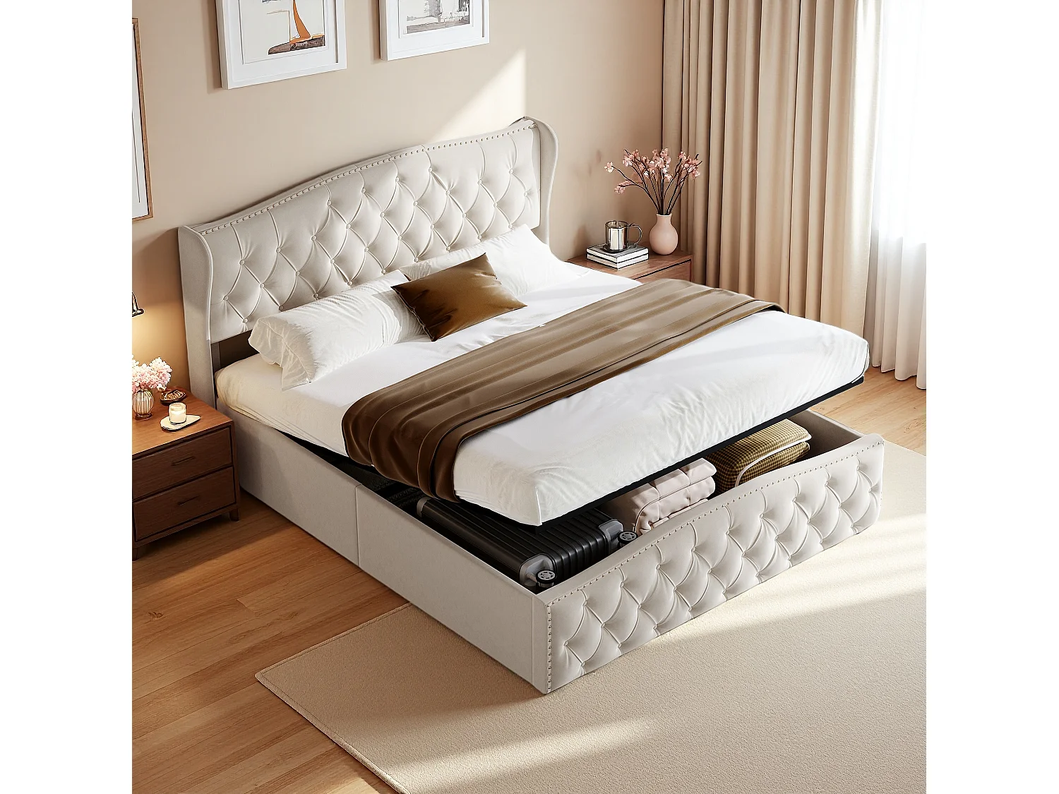 Tweepersoonsbed 140x190 cm - Gestoffeerd opbergbed met hydraulische opslag - Lattenbodem - Beige fluweel - Zonder matras