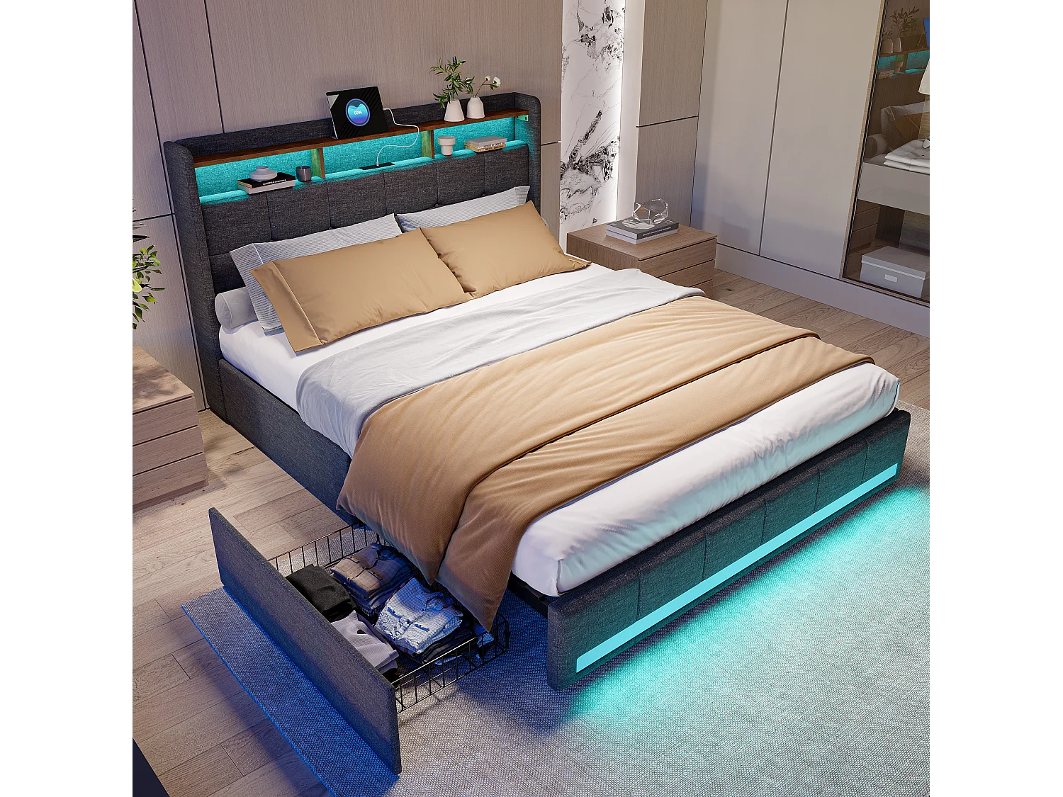 Tweepersoonsbed 180x200 cm - Gestoffeerd bed met LED verlichting - 4 opbergladen - Houten lattenbodem - Linnenlook stof grijs - Opbergbed - Zonder matras