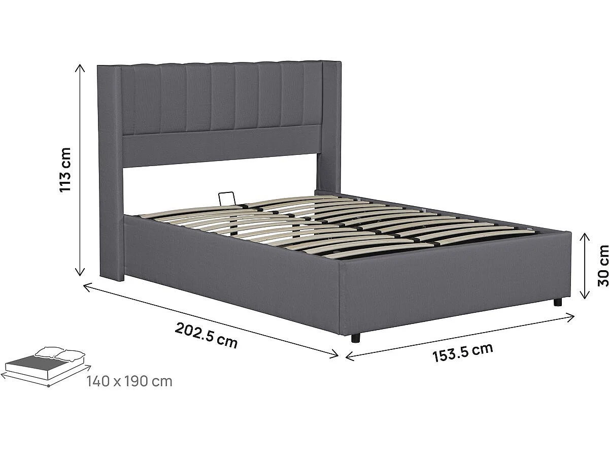 Lit double en tissu avec coffre "Saint-Moritz" - 140 x 190 cm - Gris