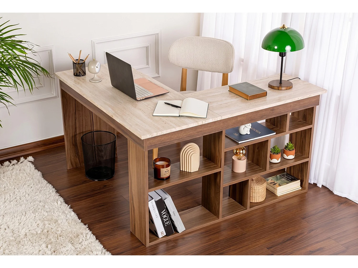 "Vesper" Houten Bureau - 130 x 120 x 72 cm - Bruin, Met Opbergruimte, Zonder LED's