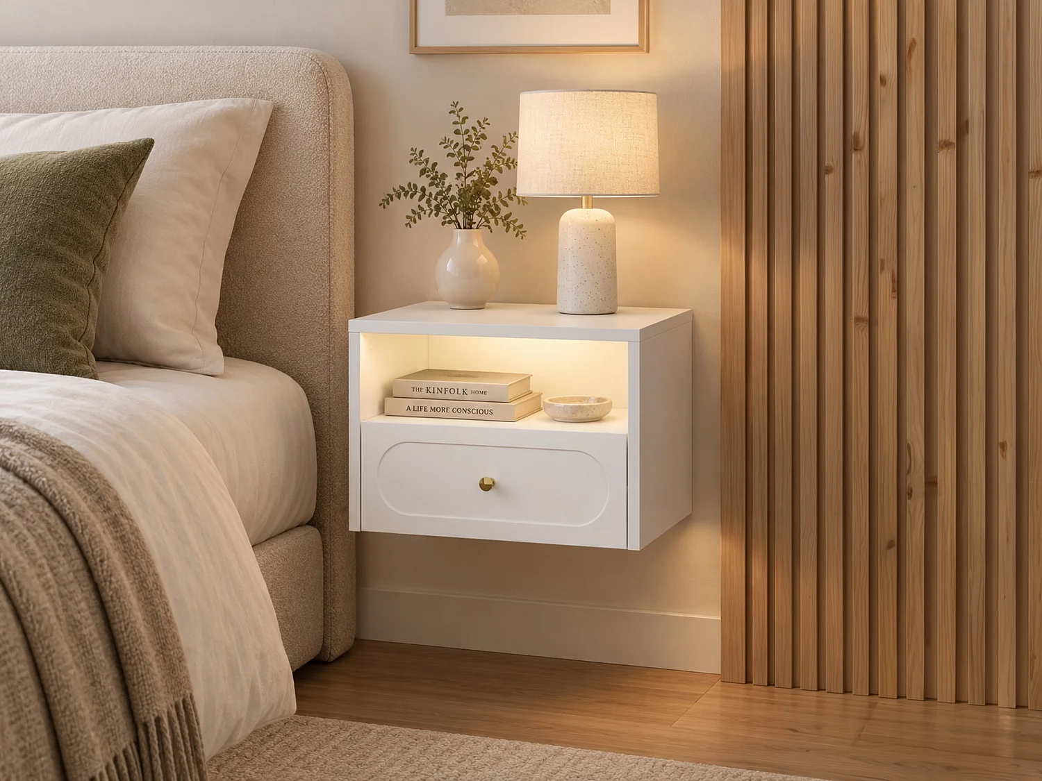 Lot de 2 tables de chevet suspendue - 1 tiroir et 1 niche - Avec leds - Blanc - POTIMA