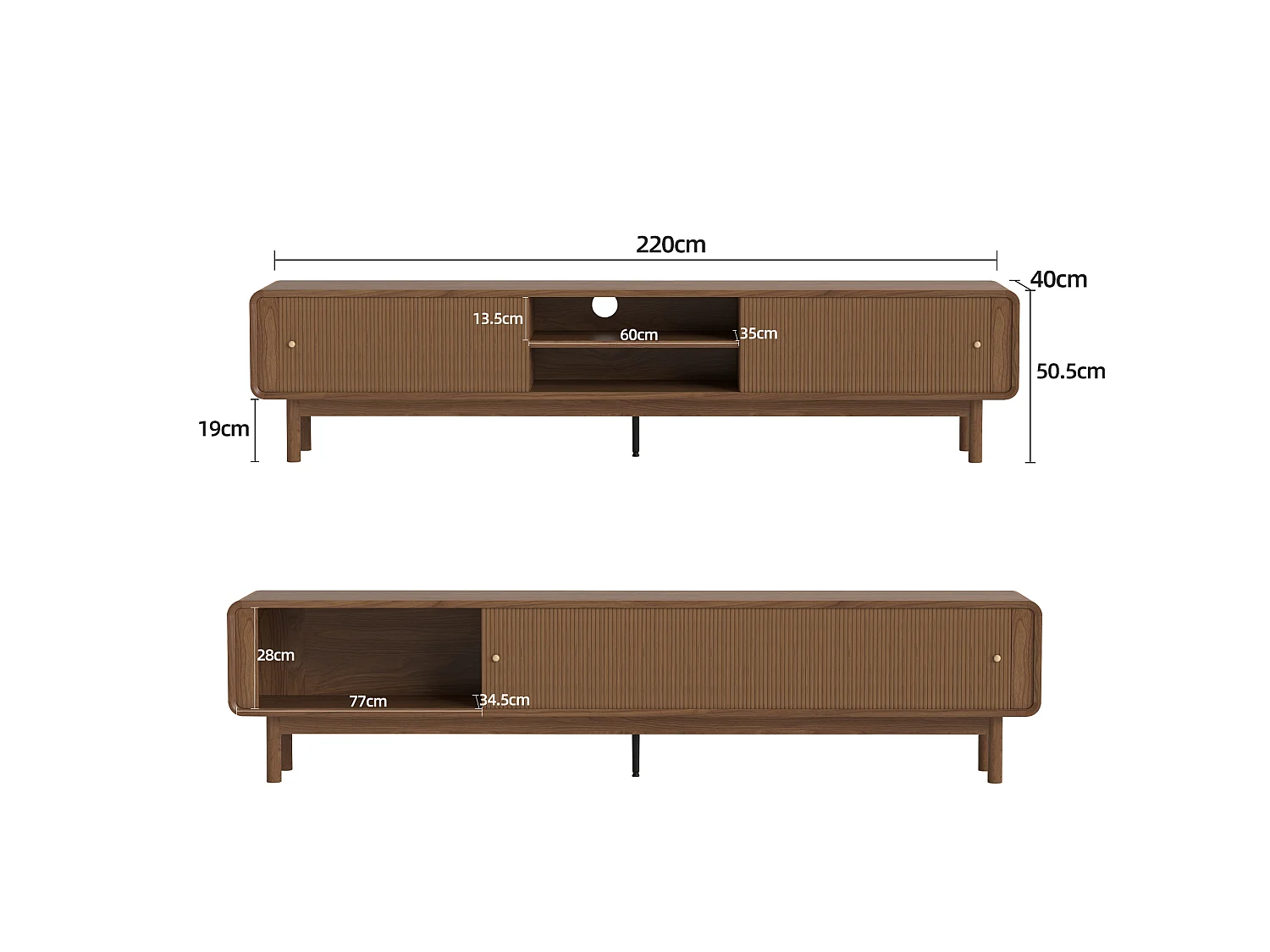 Meuble TV 220 × 40 × 50,5 cm avec porte coulissante à lamelles à déplacement horizontal, rangement, compartiment ouvert et gestion des câbles, marron