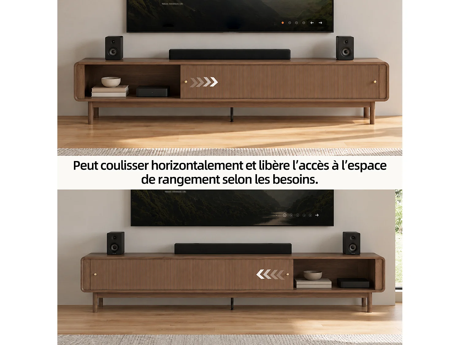 Meuble TV 220 × 40 × 50,5 cm avec porte coulissante à lamelles à déplacement horizontal, rangement, compartiment ouvert et gestion des câbles, marron