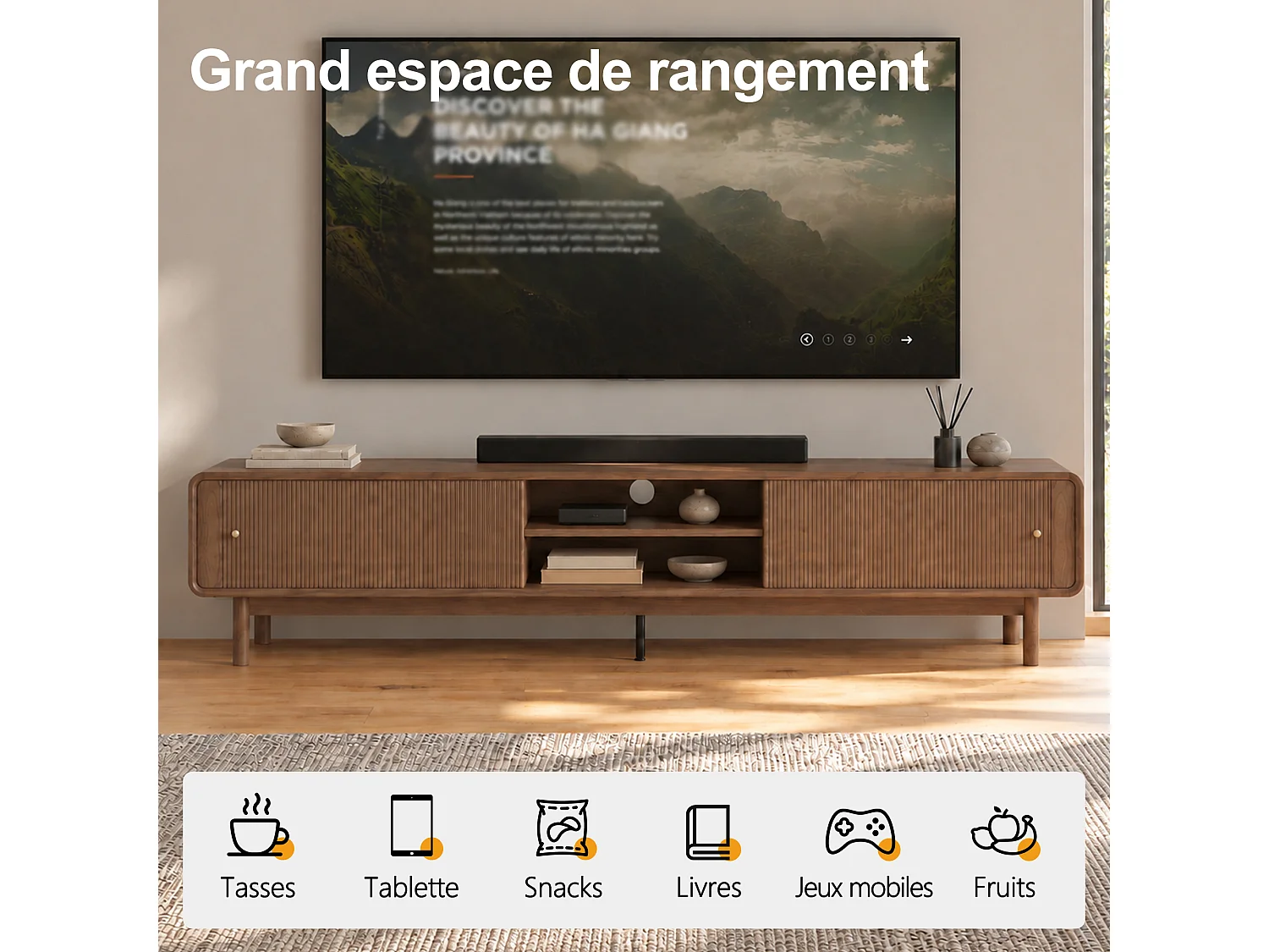 Meuble TV 220 × 40 × 50,5 cm avec porte coulissante à lamelles à déplacement horizontal, rangement, compartiment ouvert et gestion des câbles, marron