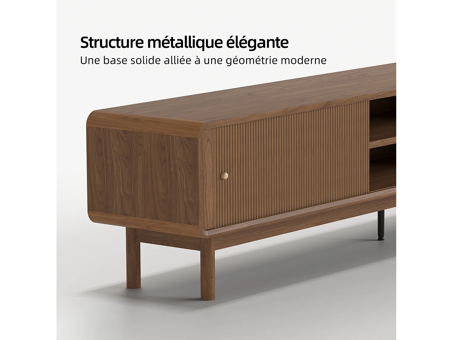 Meuble TV 220 × 40 × 50,5 cm avec porte coulissante à lamelles à déplacement horizontal, rangement, compartiment ouvert et gestion des câbles, marron