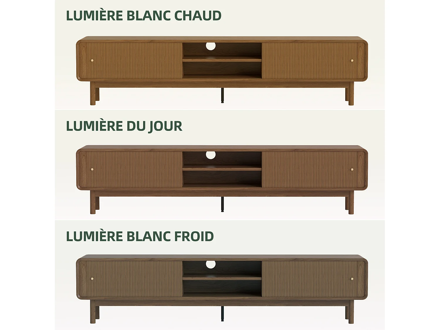 Meuble TV 220 × 40 × 50,5 cm avec porte coulissante à lamelles à déplacement horizontal, rangement, compartiment ouvert et gestion des câbles, marron