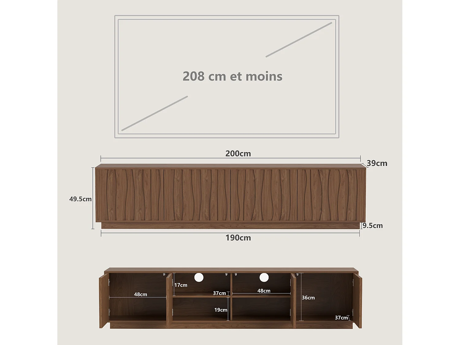 Meuble TV bas 200 × 39 × 49,5 cm avec 4 portes Push-to-Open, grand espace de rangement et gestion des câbles, meuble TV sur pied marron pour salon