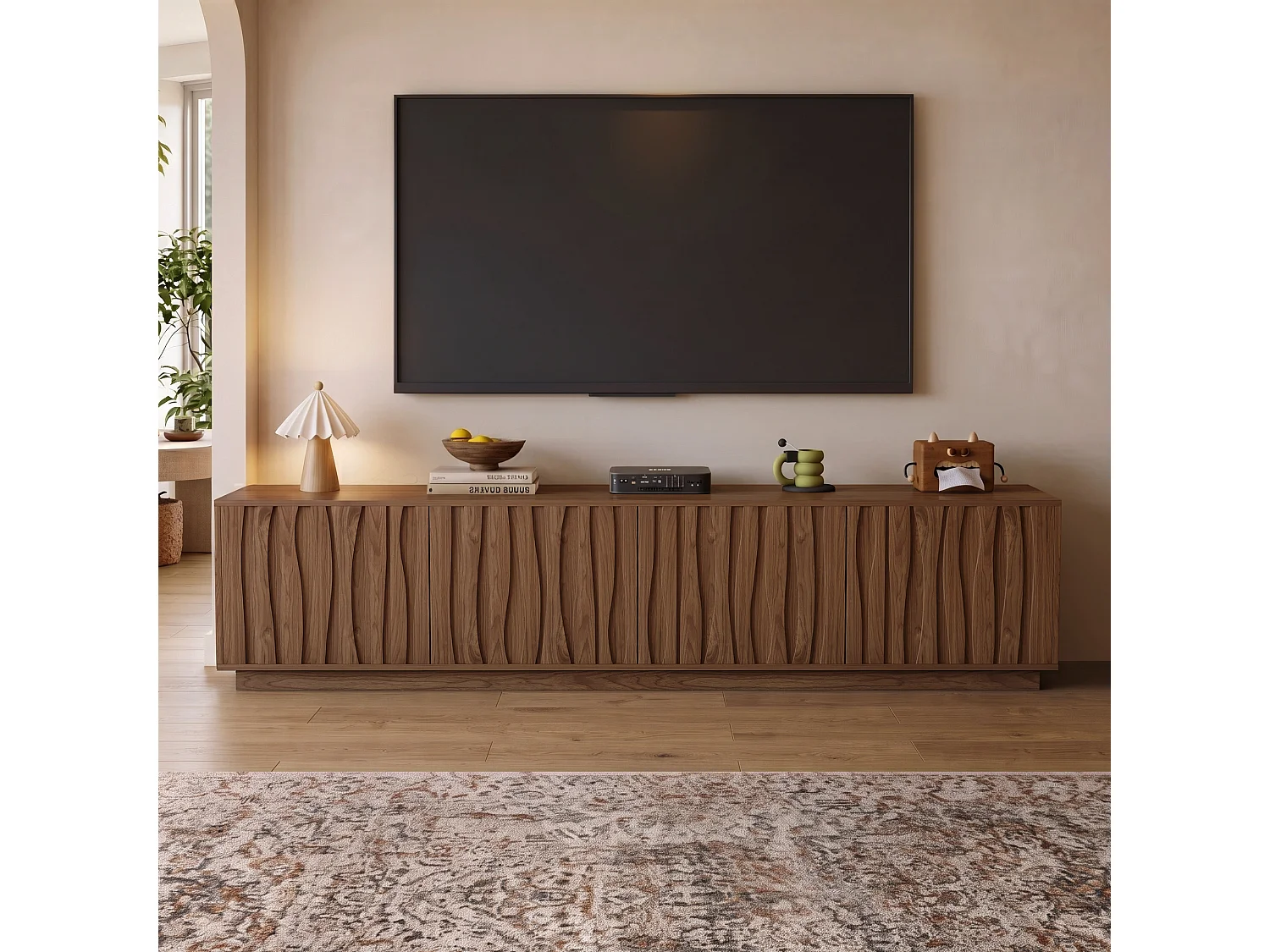 Meuble TV bas 200 × 39 × 49,5 cm avec 4 portes Push-to-Open, grand espace de rangement et gestion des câbles, meuble TV sur pied marron pour salon