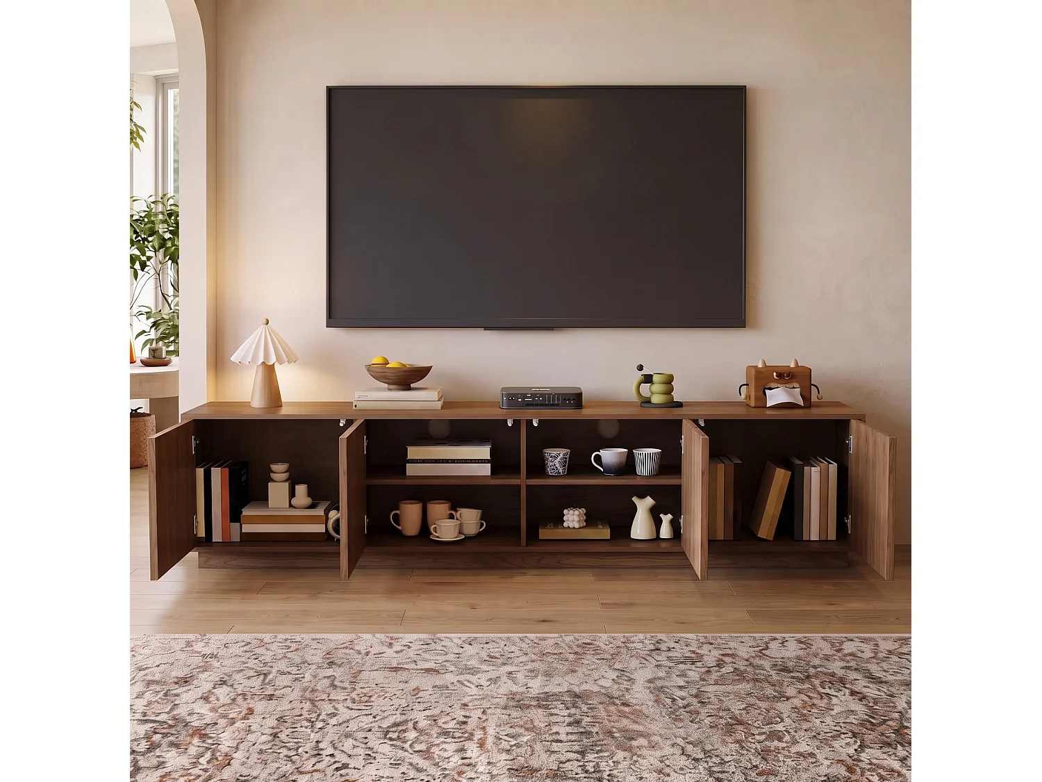 Meuble TV bas 200 × 39 × 49,5 cm avec 4 portes Push-to-Open, grand espace de rangement et gestion des câbles, meuble TV sur pied marron pour salon