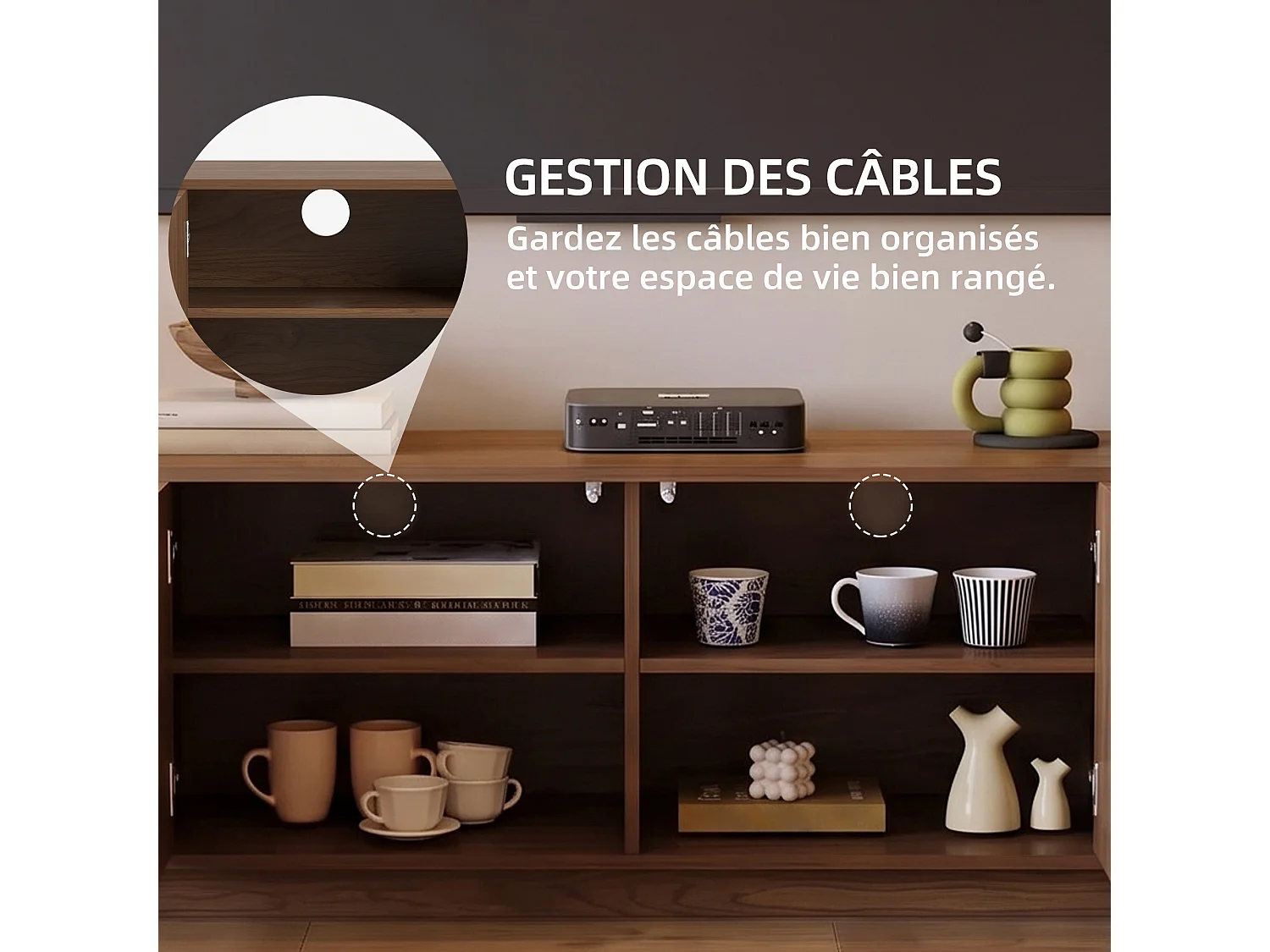 Meuble TV bas 200 × 39 × 49,5 cm avec 4 portes Push-to-Open, grand espace de rangement et gestion des câbles, meuble TV sur pied marron pour salon