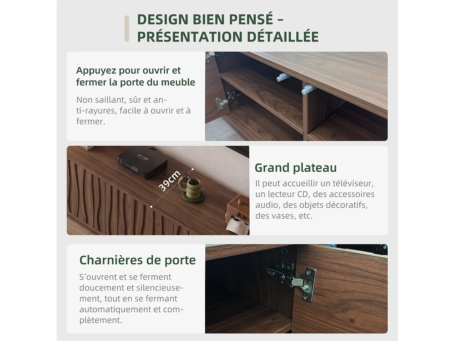 Meuble TV bas 200 × 39 × 49,5 cm avec 4 portes Push-to-Open, grand espace de rangement et gestion des câbles, meuble TV sur pied marron pour salon